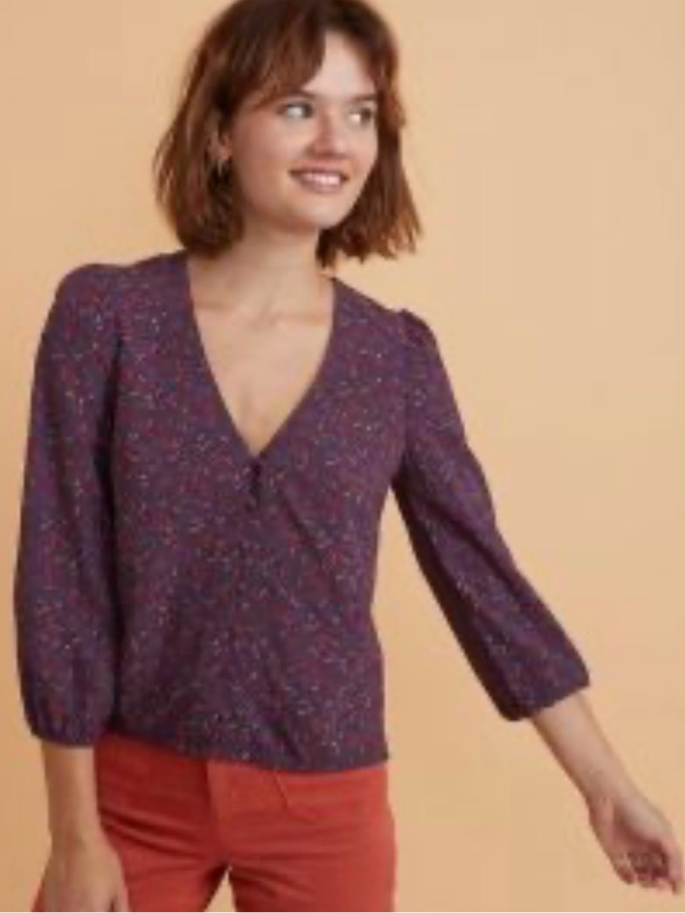 Marine Layer Purple Speckle V-Neck Puff Sleeve Top